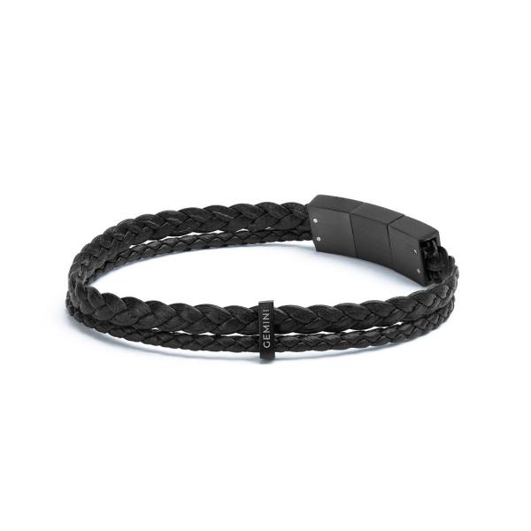 Doppeltes Armband aus schwarzem italienischem Nappaleder mit schwarzem Finish - Duo Black